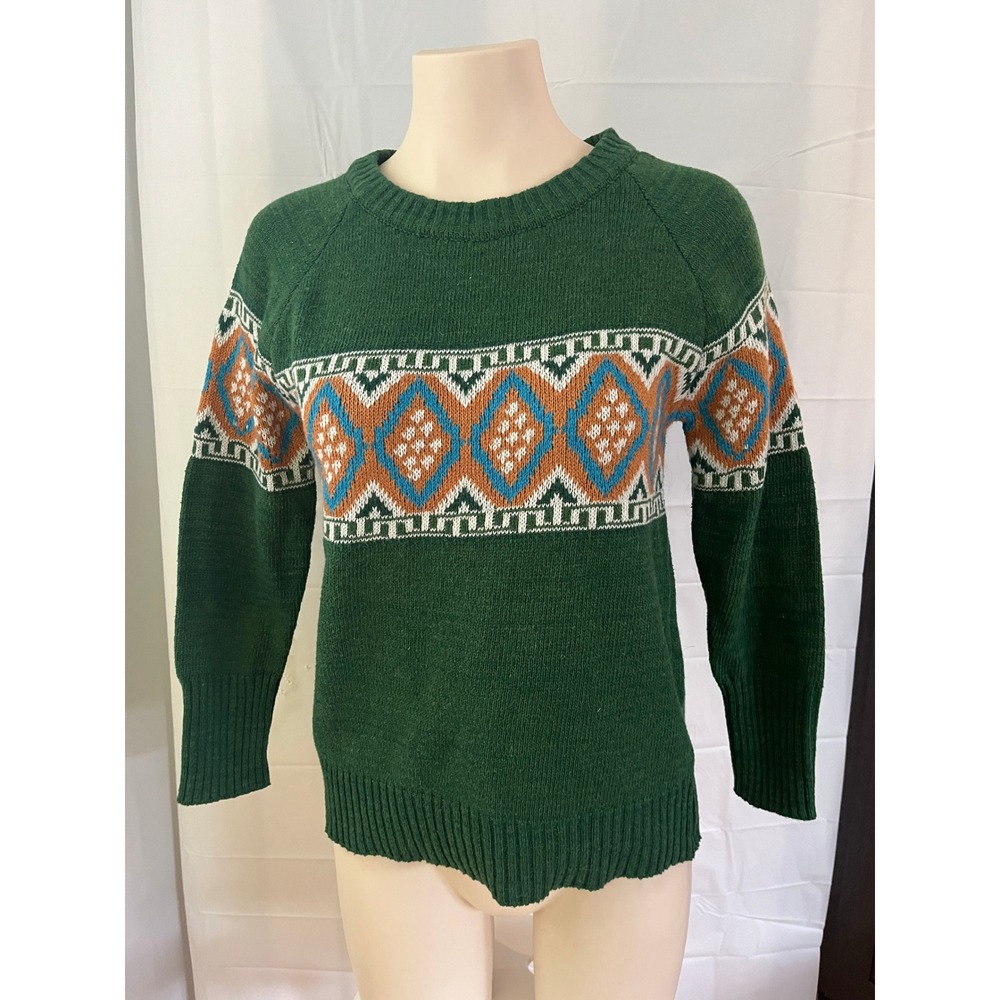 Green Fair Isle Geometric Knit Raglan Crewneck Sweater Vintage Style Small